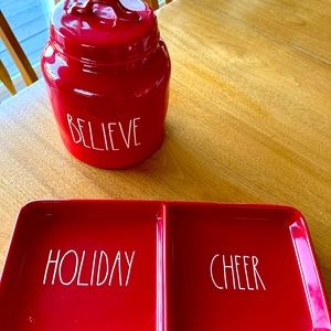 Brand new Rae Dunn cookie jar and double sided appetizer dish.